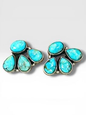 Turquoise Cluster Stud Earrings Sterling Silver Native Style Southwest Jewelry